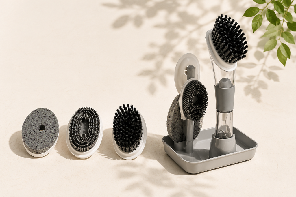 LUREXO Clean™ | Cepillo de Limpieza 4 en 1 con Dispensador de Jabón